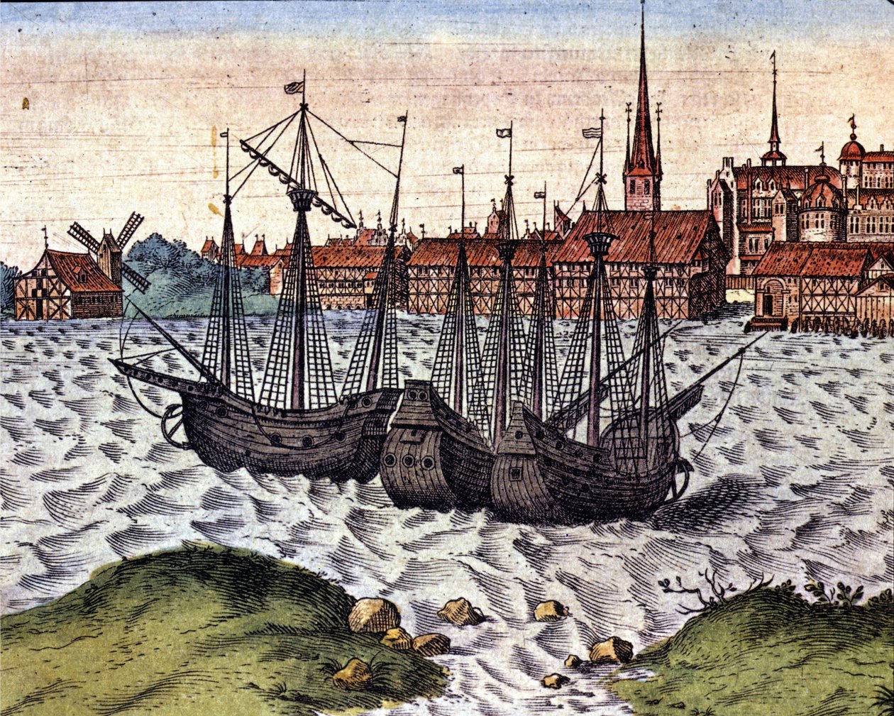 Lübeck kikötője a Braun és Hogenberg Theatrum Orbis Terrarum után. 17. század. alkotó: Georg Braun and Hogenberg Franz