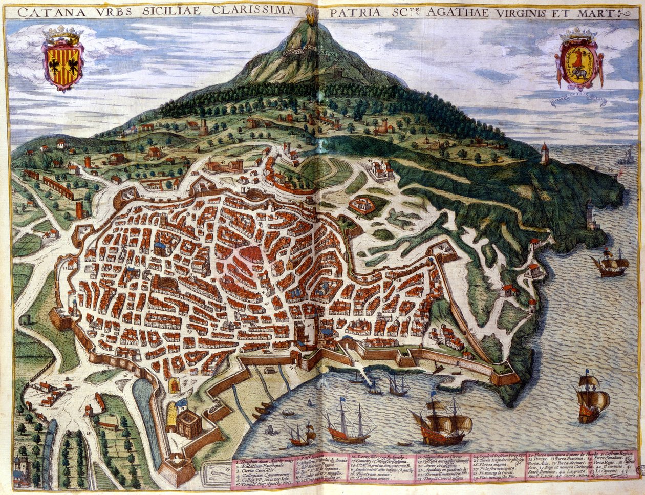 Kilátás Cataniára és az Etnára Szicíliában. Braun és Hogenberg atlasza. 1585, Amszterdam. alkotó: Georg Braun and Hogenberg Franz