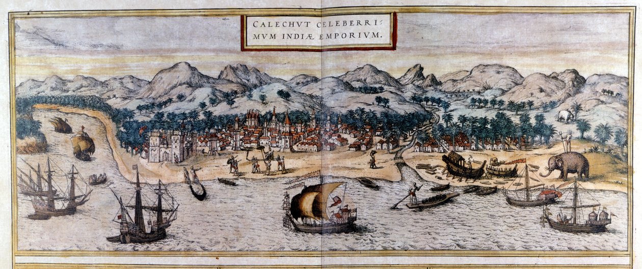 Kozhikode vagy Calicut kilátása Indiában a Braun & Hogenberg „Civitates Orbis Terrarum” atlaszából alkotó: Georg Braun and Hogenberg Franz