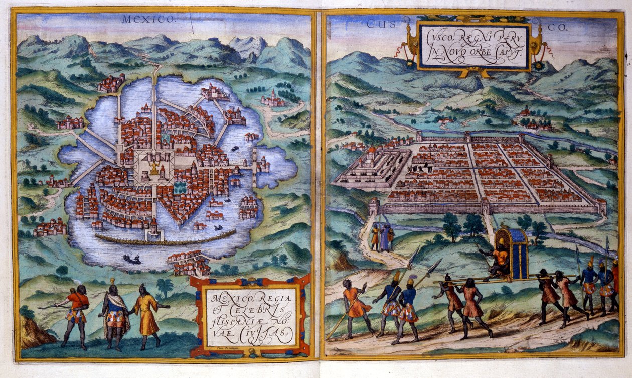 Kilátás Mexikóvárosra (Mexikó) és Cuzcóra (Peru). Atlas Braun & Hogenberg alkotó: Georg Braun and Hogenberg Franz