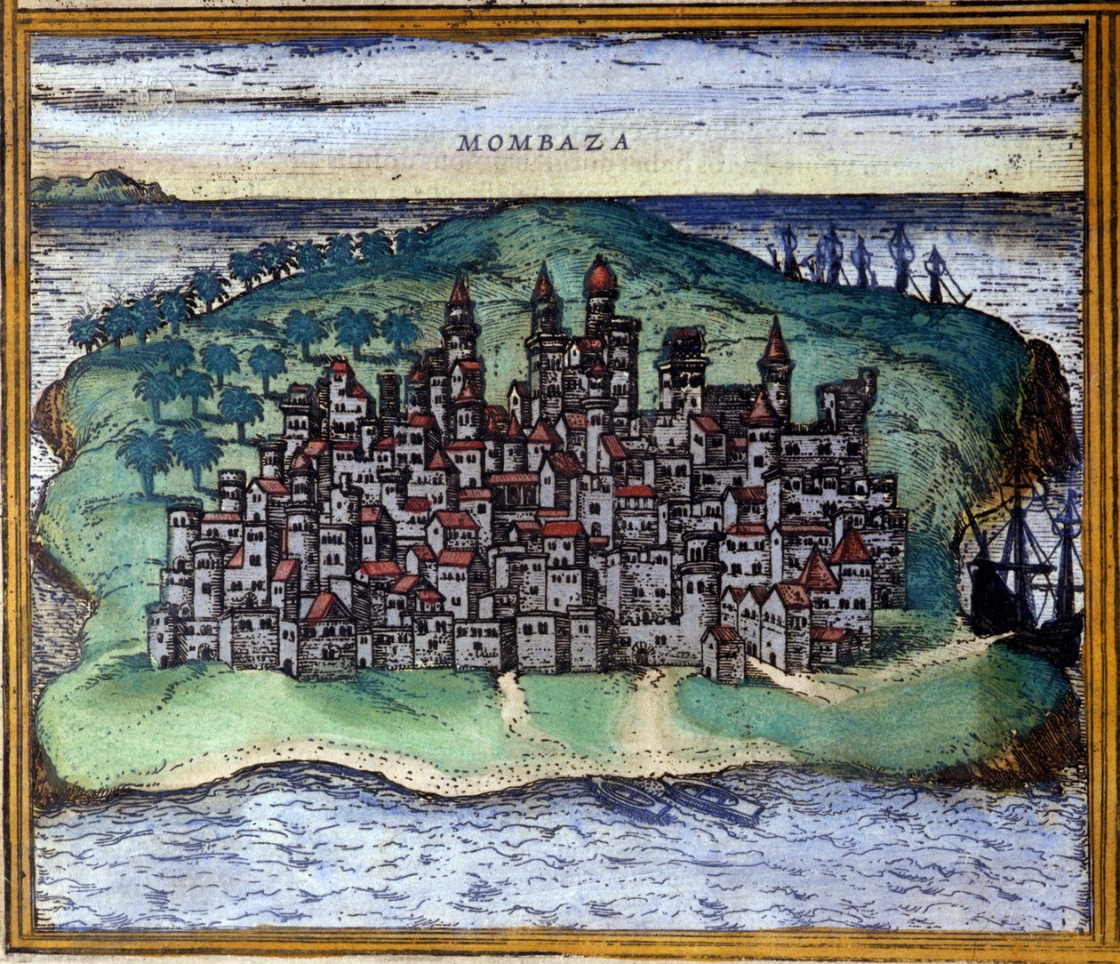 A 16. századi kenyai Mombasa vagy Mombassa kilátása Braun és Hogenberg „Civitates Orbis Terrarum” atlasza szerint alkotó: Georg Braun and Hogenberg Franz