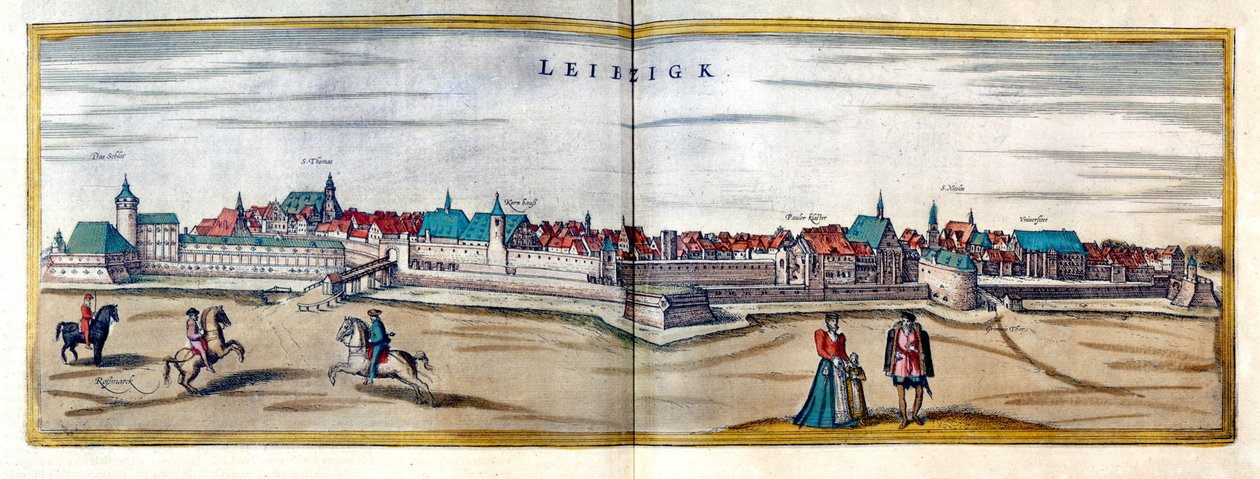 Kilátás a németországi Lipcse városára. Metszet a „Braun és Hogenberg” atlaszból a 17. század elejéről alkotó: Georg Braun and Hogenberg Franz