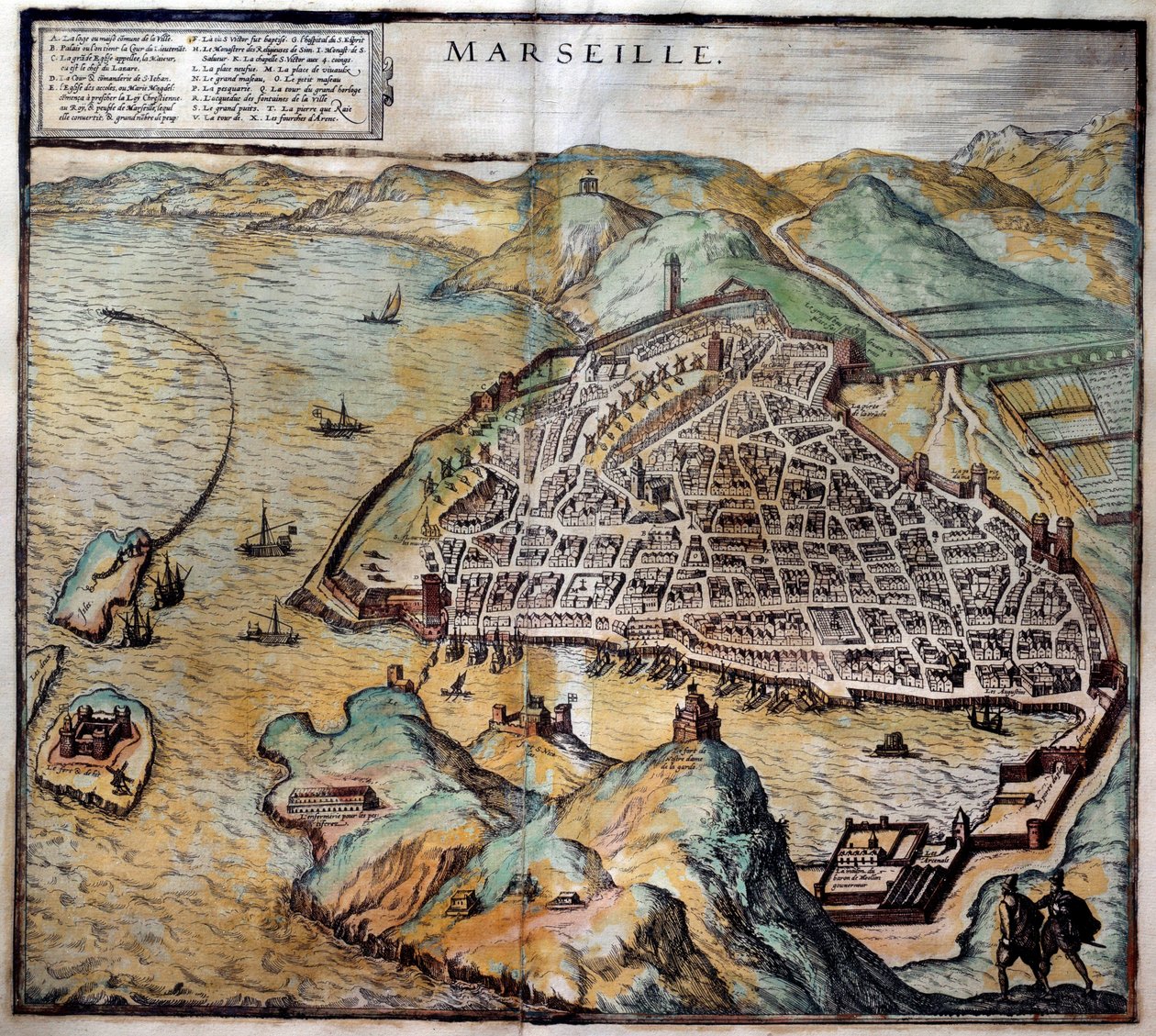 Kilátás Marseille városára utcatérképpel. Metszet az Atlas de Braun és Hogenbergből 1572 Marseille, Musee de la Marine alkotó: Georg Braun and Hogenberg Franz