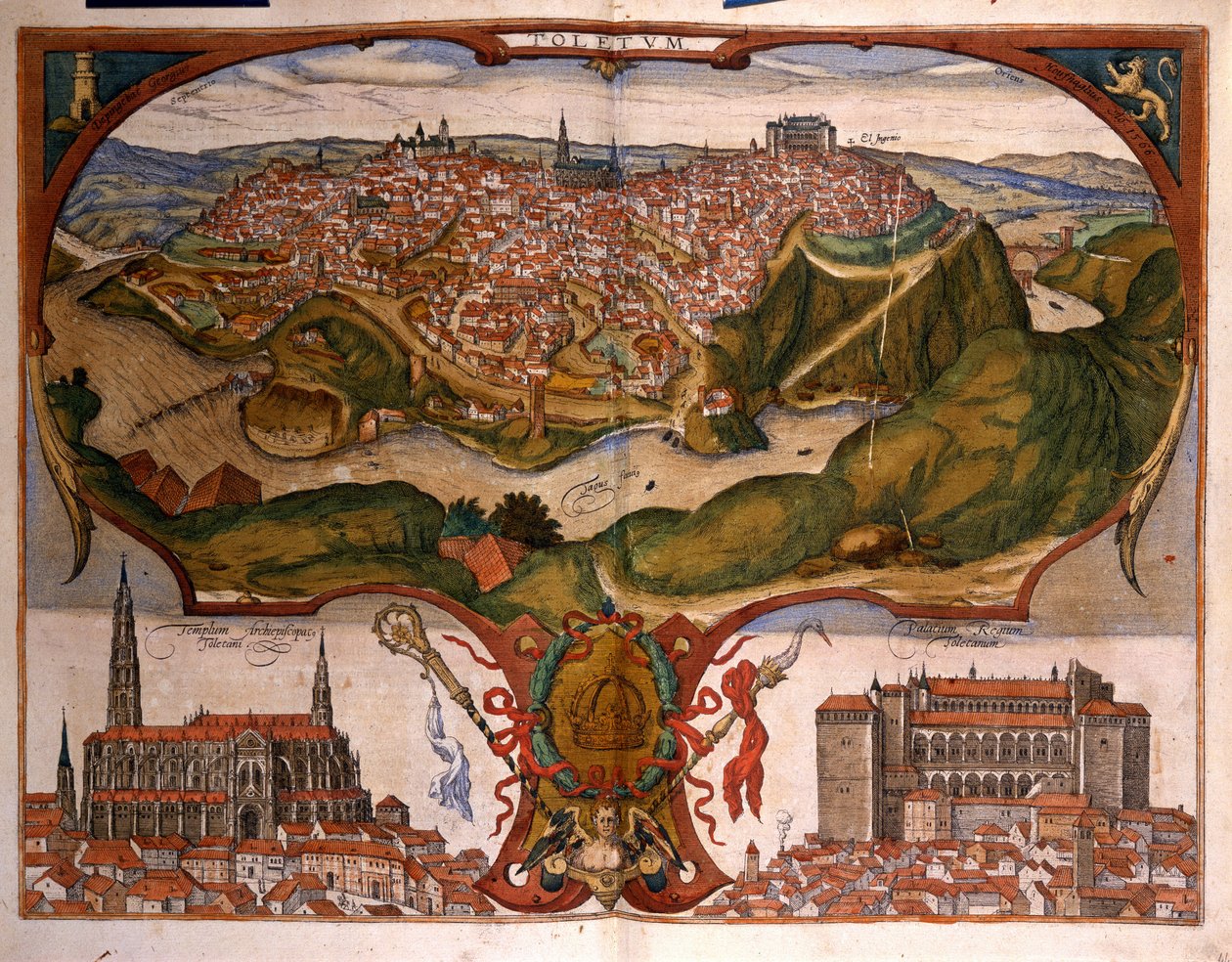 Kilátás Toledo városára a 16. században. Braun György metszete a „Civitatis Orbis Terrarum” I. kötetben, írta Franz Hogenberg (1535-1590) alkotó: Georg Braun and Hogenberg Franz