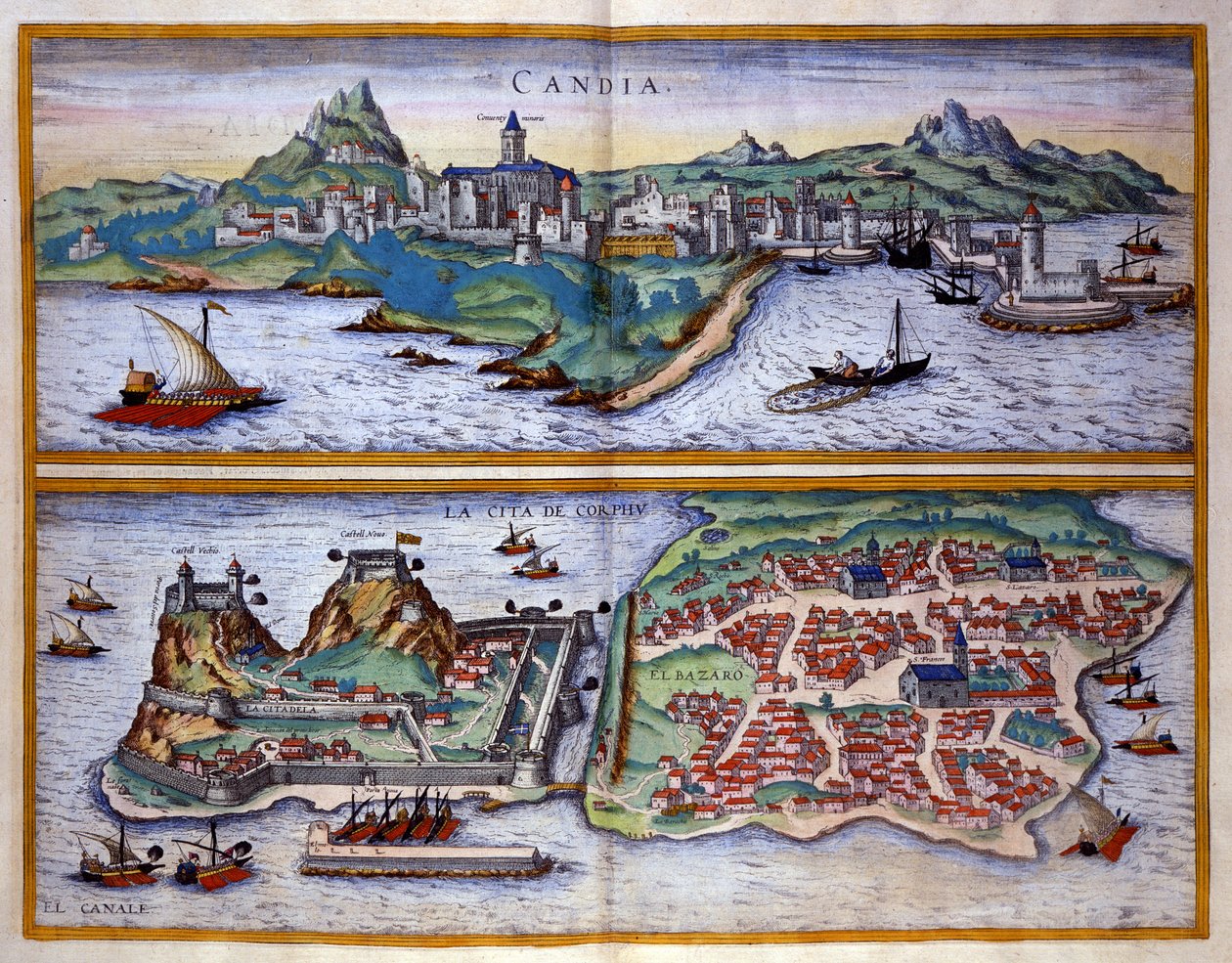 Candie kikötőjének (jelenlegi Heraklion) kilátása Krétán és Korfu kikötője Görögországban George Braun metszete „Civitatis Orbis Terrarum””” I. kötet, Franz Hogenberg (1535-1590) írása alkotó: Georg Braun and Hogenberg Franz