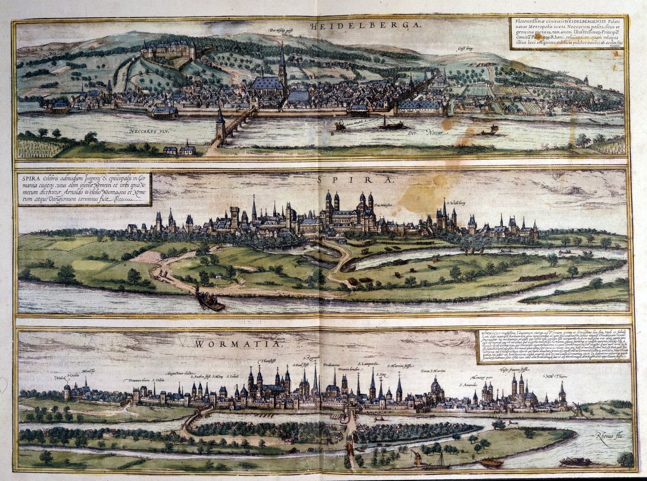 Három németországi város látképe: Heidelberg, Spire, Worms. Braun és Hogenberg atlasza. 1550. alkotó: Georg Braun and Hogenberg Franz