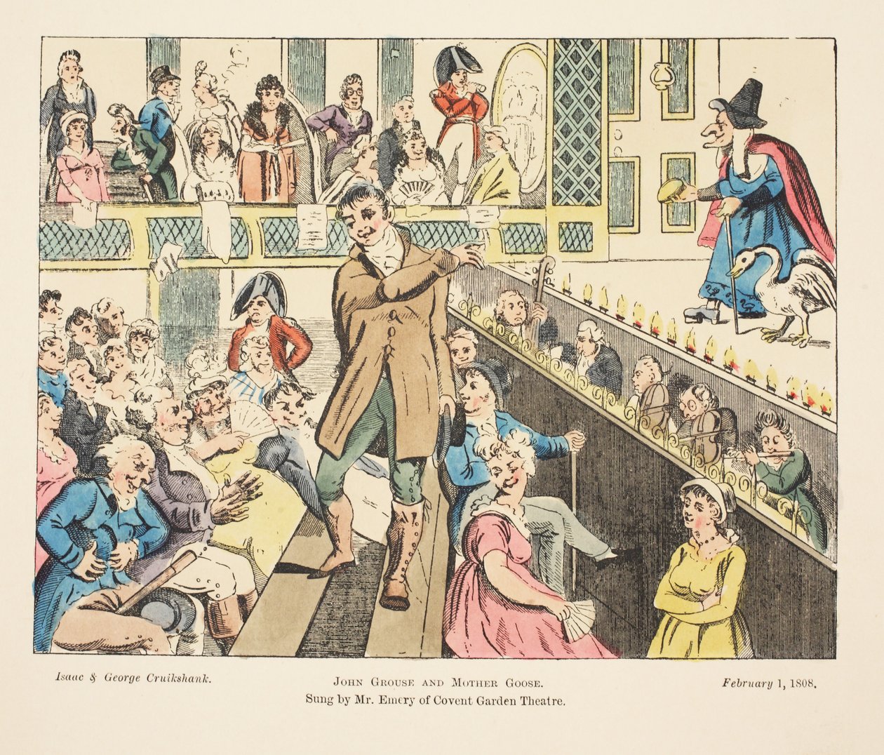 John Grouse és Mother Goose, Mr. Emery énekel a Covent Gardenből, pub. 1808 (kézzel színezett metszet) alkotó: Isaac, Robert and George Cruikshank