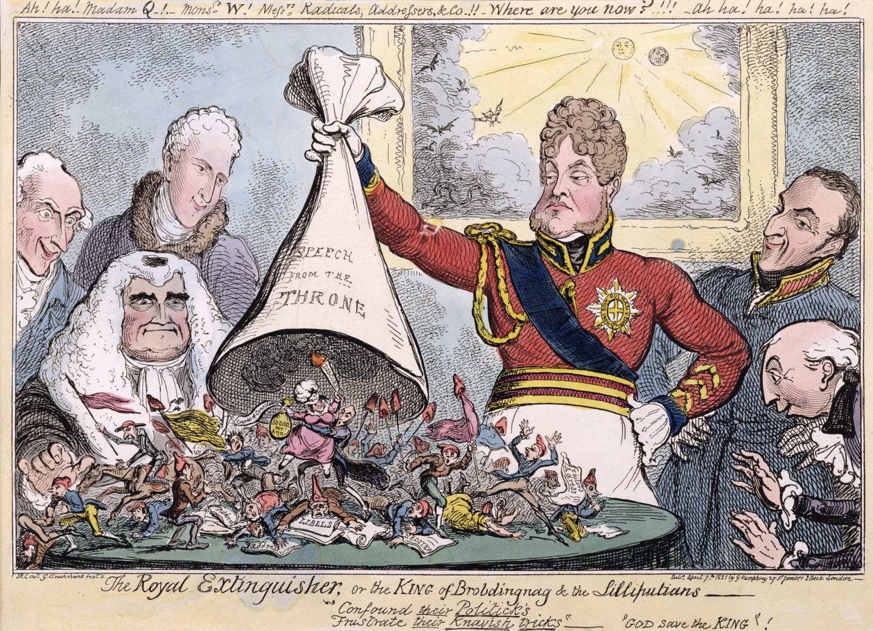 A királyi tűzoltó vagy Brobdingnag királya és a liliputiak, 1821 alkotó: Isaac, Robert and George Cruikshank