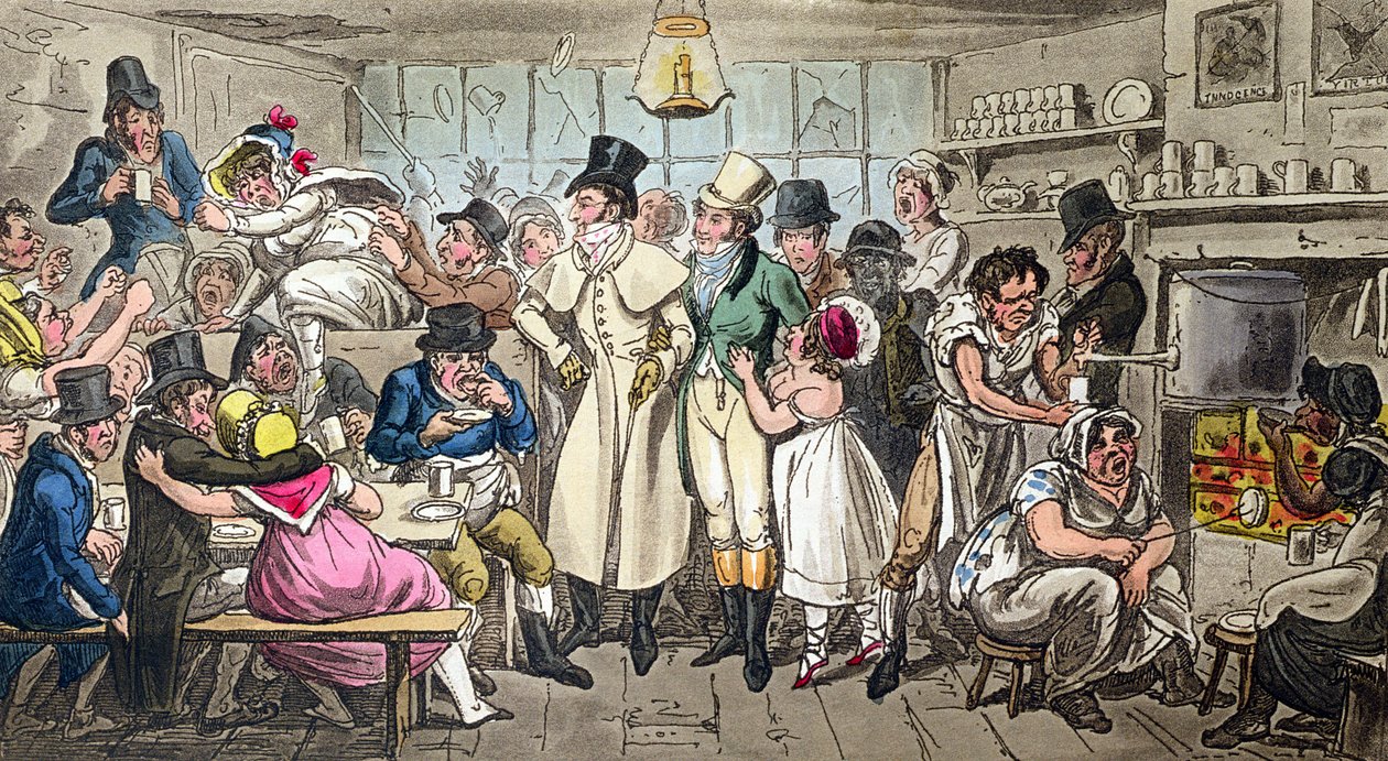 Tom és Jerry egy kávézóban az Olimpiai Színház közelében, Strand, éjfél, megjelent a „Life in London”, 1820 (akvatinta) alkotó: Isaac, Robert and George Cruikshank