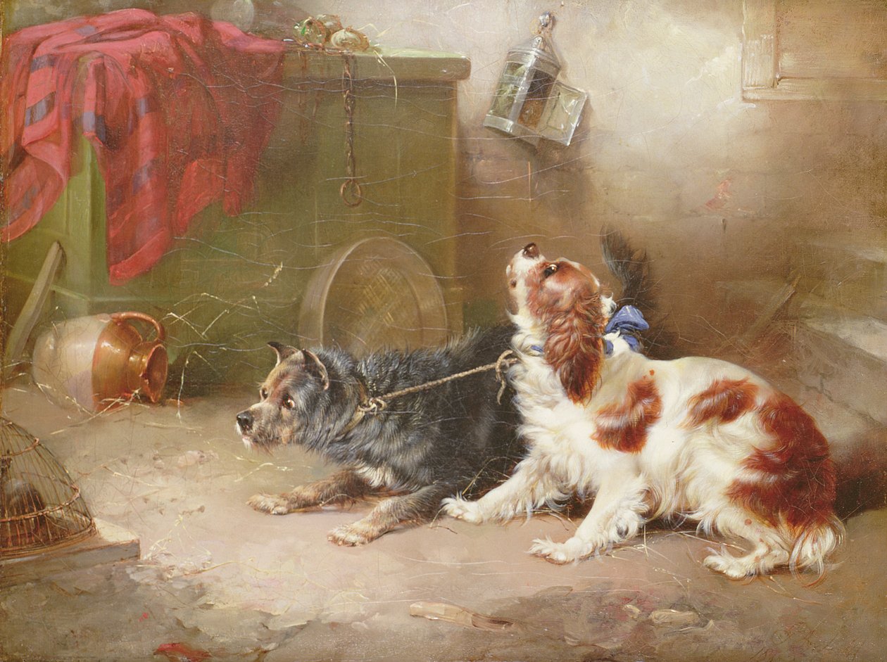Egy terrier és egy King Charles spániel patkányt ijesztgetnek alkotó: George Armfield