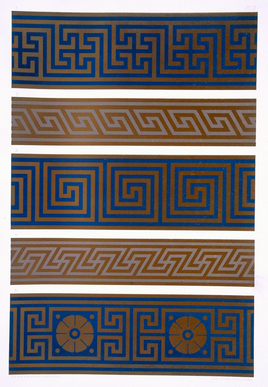 Görög dísz: Sötétben világoson sávok vagy szegélyek, sötét színeken világosak, 1892-ben megjelent „The Practical Decorator and Ornamentalist” II. tábla alkotó: George Ashdown Audsley