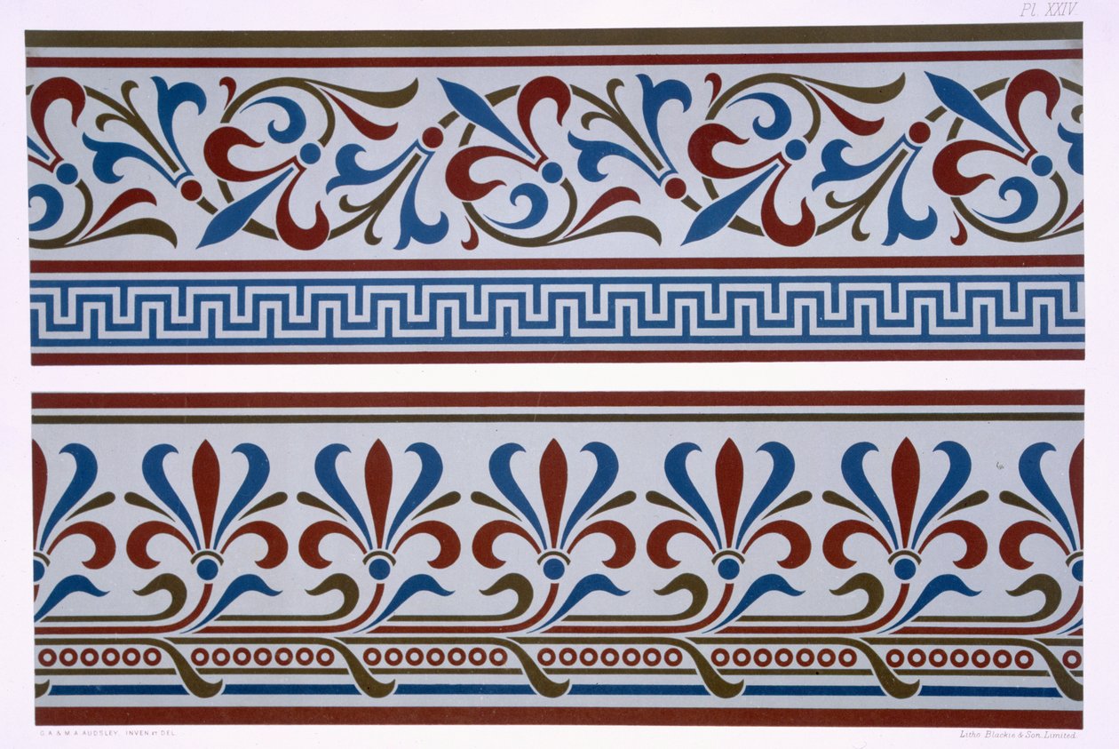 Neo-Grec Ornament: Border and Dado designs, XXIV. tábla a „The Practical Decorator and Ornamentalist”-ból, 1892 99:minta; mintás; dekoratív; dekoráció; tervezés; architectu alkotó: George Ashdown Audsley