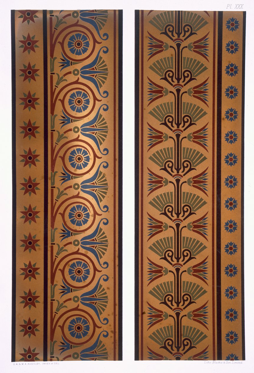 Függőleges sávok vagy szegélyek sötét színben arany alapon, XXX. tábla a „The Practical Decorator and Ornamentalist” című könyvből, 1892. alkotó: George Ashdown Audsley