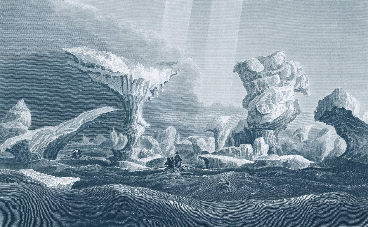 Csónakok hullámzó jég között, 1826. augusztus 24., Sir John Franklin (1786-1847) „Elbeszélése egy második expedícióról a Sarki-tenger partjaira az 1825-27-es években” című könyvéből, Edward Finden metszetével (1. alkotó: George Back