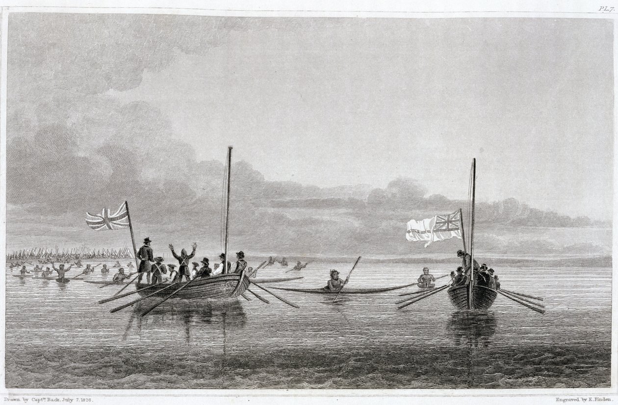 Eskimaux Coming Towards the Boats in Shoalwater Bay, 1826. július 7., Sir John Franklin (1786-1847) „Elbeszélés egy második expedícióról a Sarki-tenger partjaira az 1825-27-es években” című művéből. alkotó: George Back
