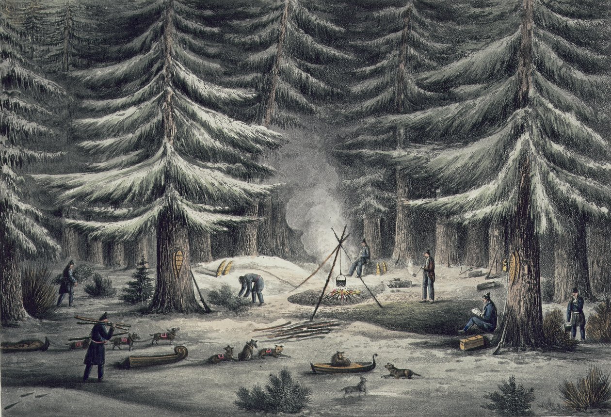 Pihenőhely kialakításának módja egy téli éjszakán, 1820. március 15-én, John Franklin (1786-1847) „Elbeszélése az utazásról a Sarki-tenger partjaihoz 1819-22-es években” című művéből, amelyet Edward F vésett. alkotó: George Back