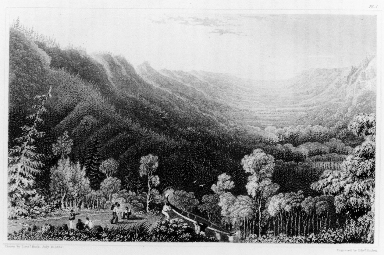 Kilátás a kanadai Clearwater folyó portájából, az „Elbeszélés egy második expedícióról a Sarki-tenger partjára” című könyvből, Edward Finden metszete, 1828-ban megjelent alkotó: George Back