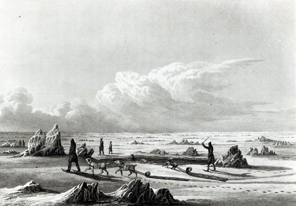 Téli utazás a Nagy Rabszolga-tavon, az „Utazás a Sarki-tengerig” című művéből, Edward Finden (1791-1857) metszetében alkotó: George Back