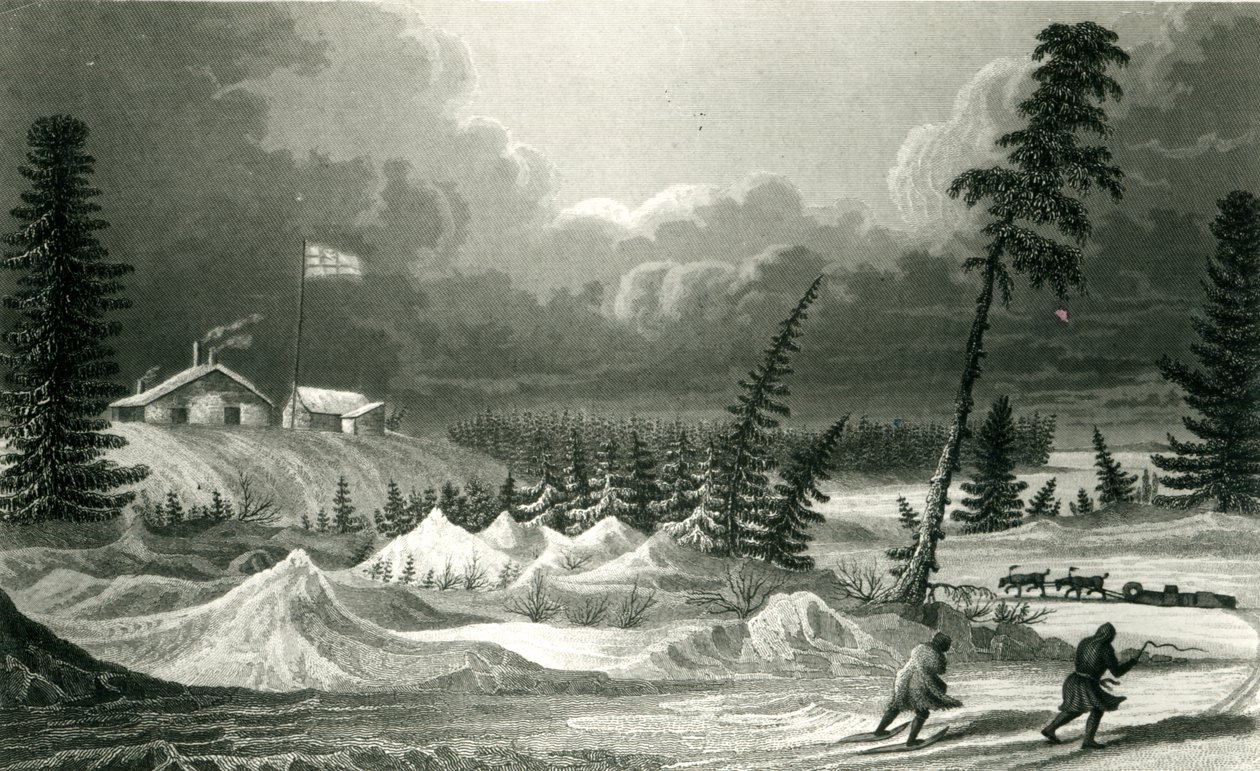 Fort Franklin téli képe, Edward Francis Finden (1791-1857) metszete, 1828. máj. alkotó: George Back
