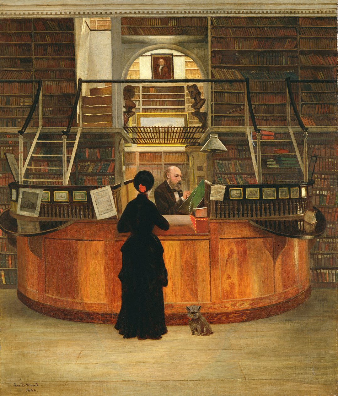 A philadelphiai Logan Library belseje, LLoyd Pearsall Smith könyvtárossal az íróasztalánál, 1880 alkotó: George Bacon Wood