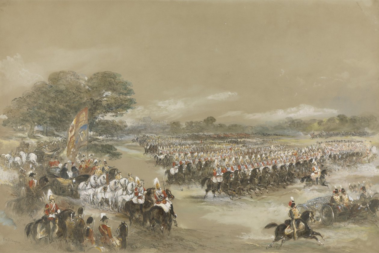 Királyi szemle Windsorban, Viktória királynő és Khedive Ismail Pashe Egyiptomban, 1868. június 26. (wc, gouache és fekete kréta) alkotó: George Bryant Campion