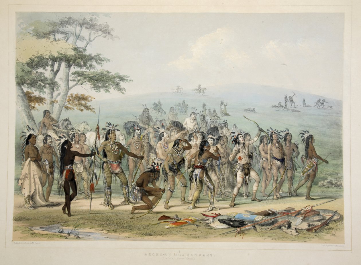 Mandanok íjászata, Catlins észak-amerikai indián portfóliójából. Vadászjelenetek és mulatságok a Sziklás-hegységről és Amerika prérieiről, pub. 1845 alkotó: George Catlin