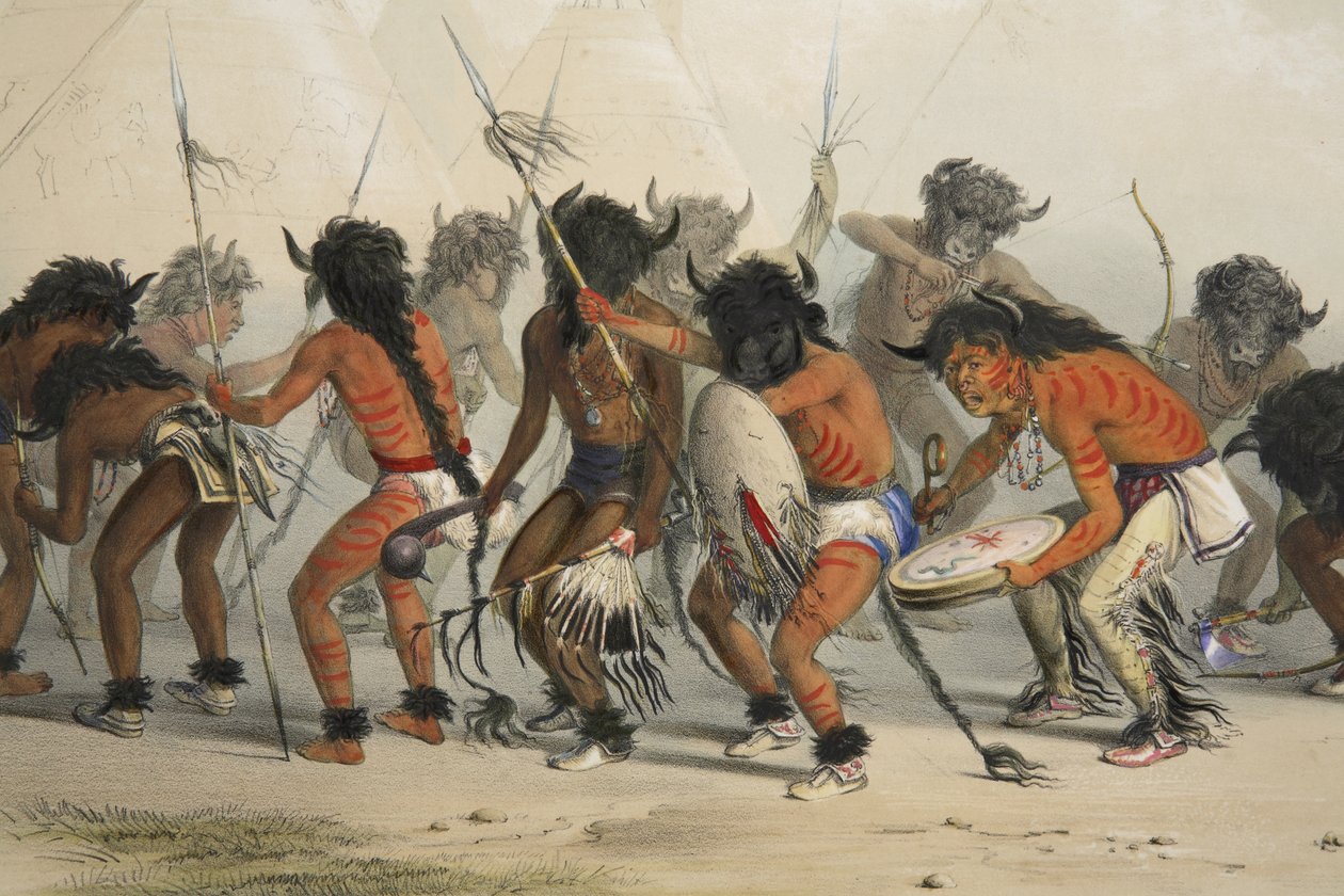 Buffalo Dance (részlet), a Catlins észak-amerikai indián portfóliójából. Vadászjelenetek és mulatságok a Sziklás-hegységről és Amerika prérieiről, pub. 1845 alkotó: George Catlin