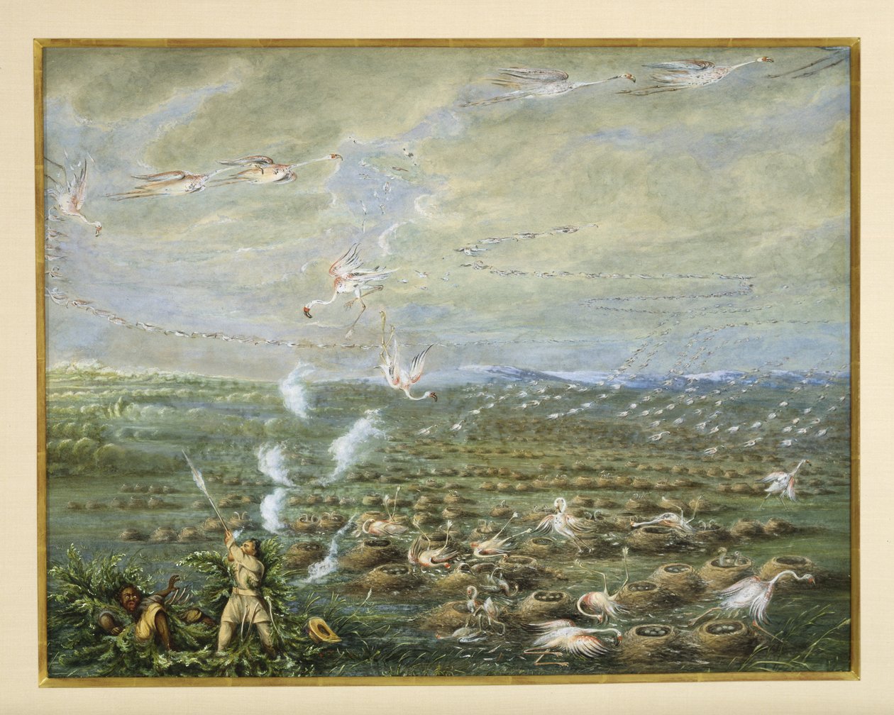 Flamingólövészet Dél-Amerikában, 1856 (guache és WC kartonon) alkotó: George Catlin
