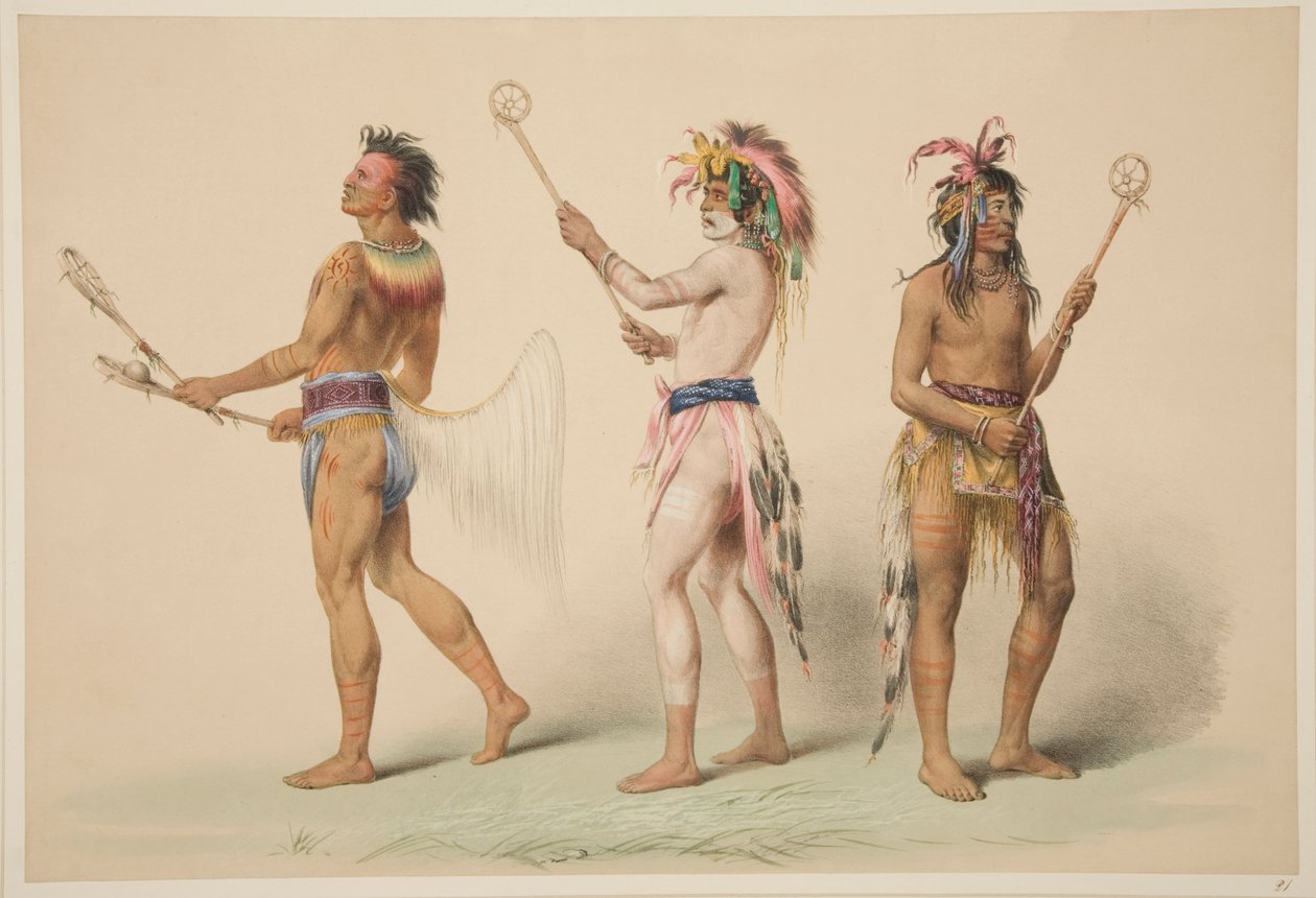 A Lacrosse játékosok illusztrációja, az Észak-Amerikai indiánok szokásainak, szokásainak és körülményeinek illusztrációiból, London, 1845 (kézzel színezett metszet). alkotó: George Catlin