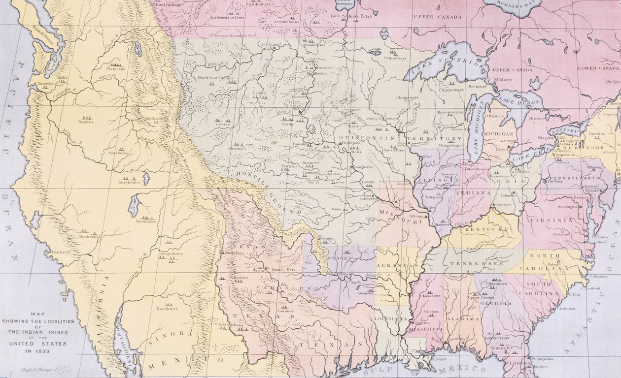 Térkép, amely az Egyesült Államok indián törzseinek lelőhelyeit mutatja 1833-ban, illusztráció a „The Indian Tribes of North America, Vol.3”, Thomas L. McKenney és James Hall, pub. szerző: John Grant (színes litho alkotó: George Catlin