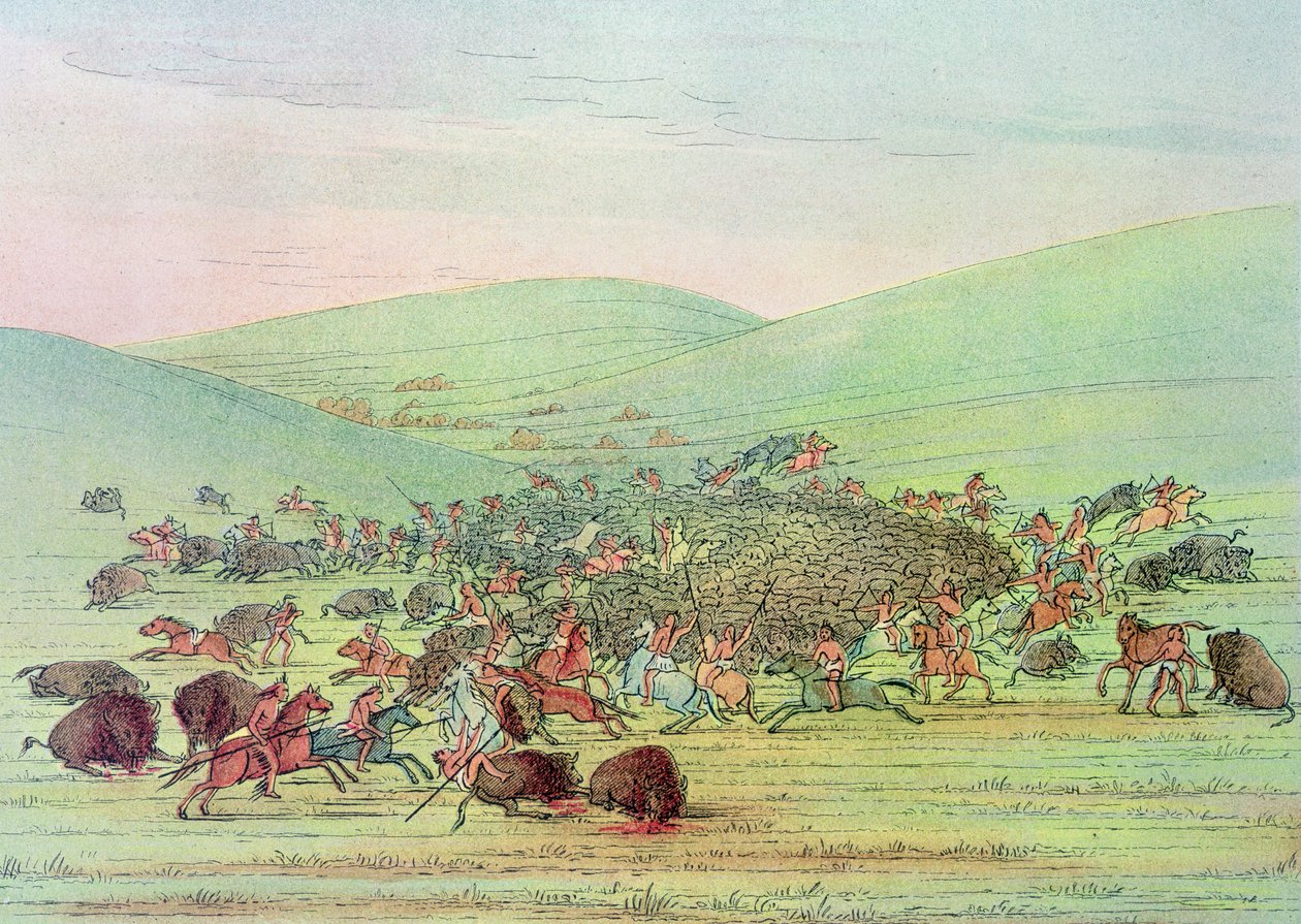 Minatárok lóháton támadnak bivalyra alkotó: George Catlin