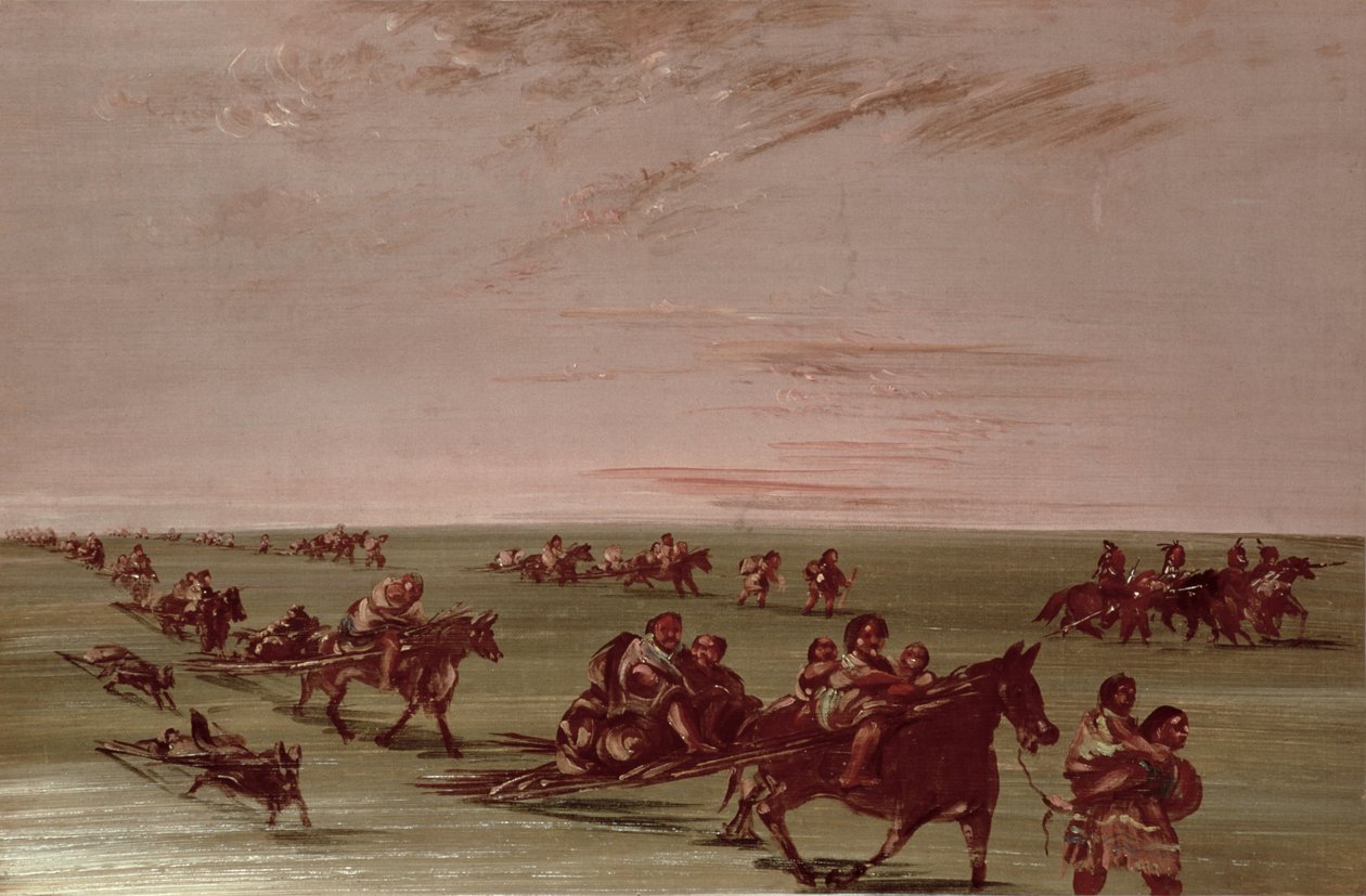 Vörös indiánok a Travois-t használva alkotó: George Catlin