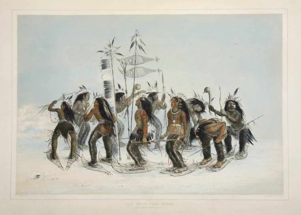 A hócipő tánc, a Catlins észak-amerikai indián portfóliójából. Vadászjelenetek és mulatságok a Sziklás-hegységről és Amerika prérieiről, pub. 1845 alkotó: George Catlin