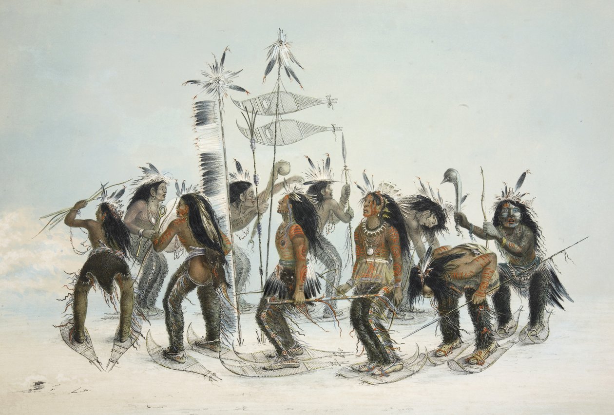 The Snow Shoe Dance, Catlins észak-amerikai indián portfóliójából. Vadászjelenetek és mulatságok a Sziklás-hegységről és Amerika prérieiről, pub. 1845 alkotó: George Catlin