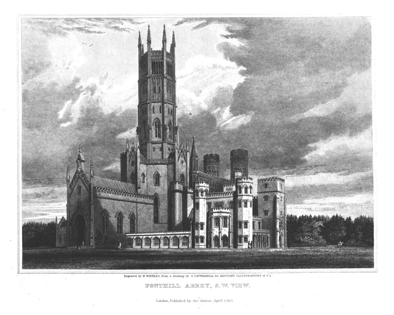 Fonthill Abbey délnyugat felől, John Britton „A Fonthill apátság grafikai és irodalmi illusztrációi” című művéből, H. Winckles metszet, 1823 alkotó: George Cattermole
