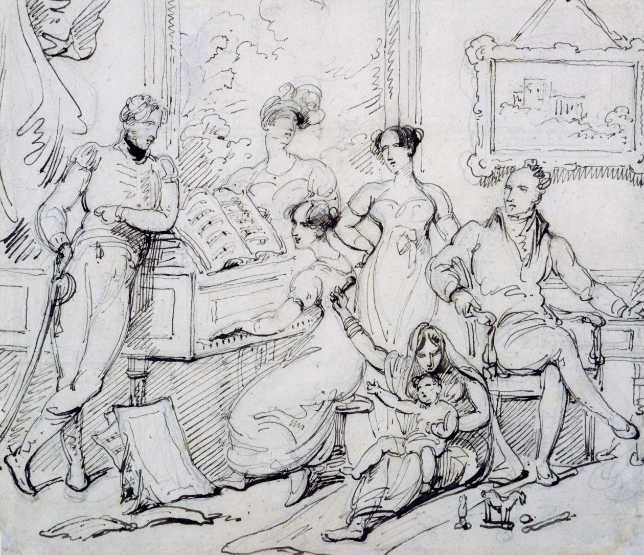 Családi csoport egy zongora körül (toll és barna tinta grafittal a papíron) alkotó: George Chinnery