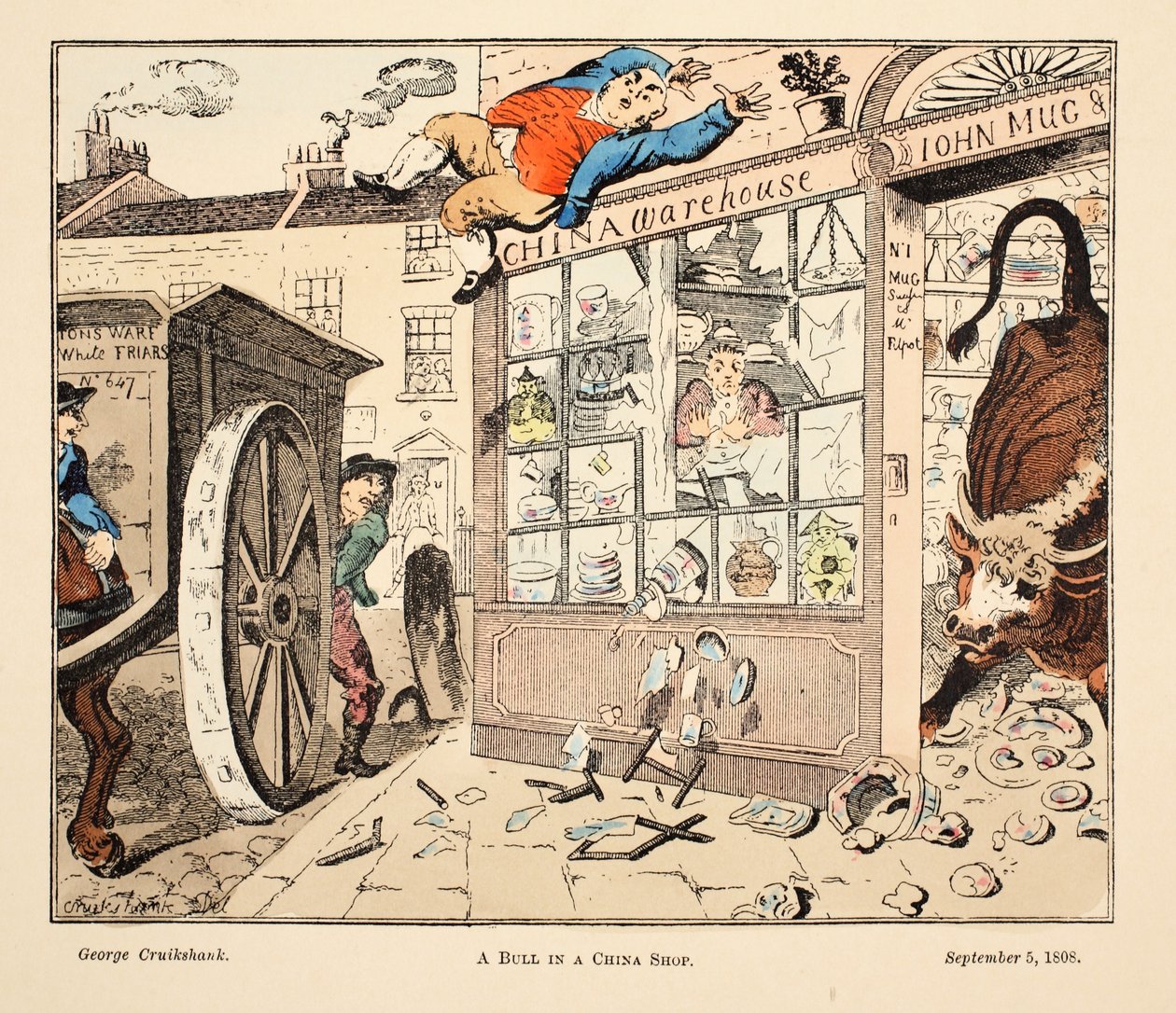 Egy bika a kínai boltban, kocsmában. 1808 (kézzel színezett metszet) alkotó: George Cruikshank