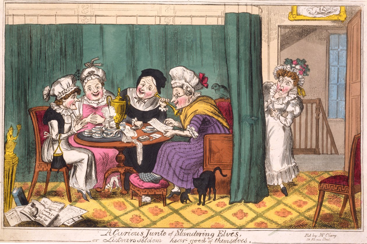 A rágalmazó manók kíváncsi juntója, vagy a hallgatók ritkán hallanak jót magukról, 1817 (kézzel festett metszet) alkotó: George Cruikshank