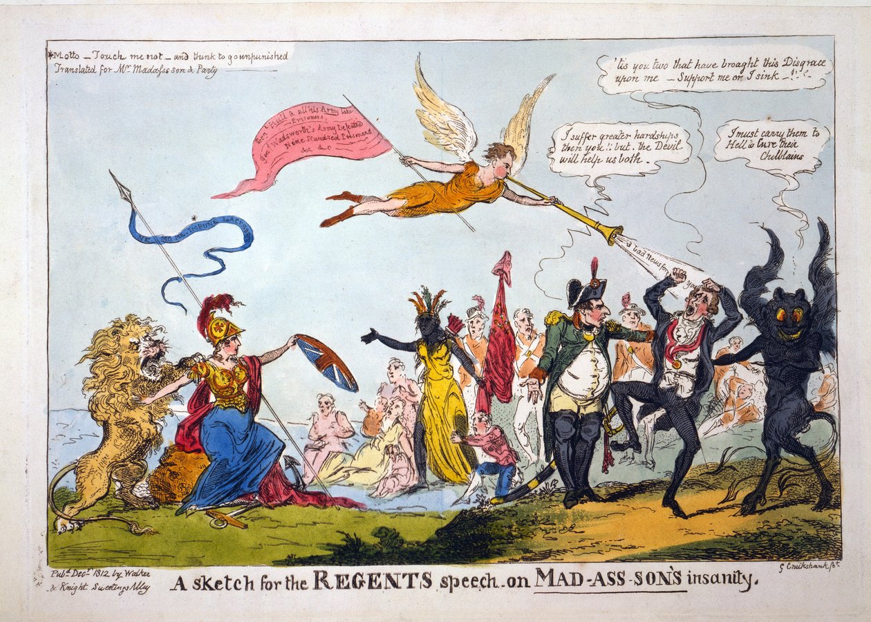 Vázlat a Regents beszédéhez az Őrült-fiú elmebajáról, kiad. 1812 (kézi színes metszet) alkotó: George Cruikshank