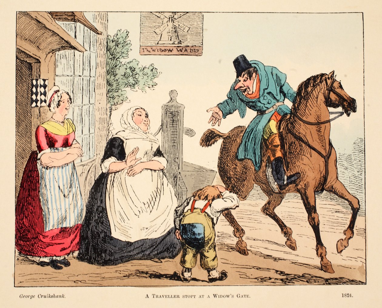 Egy utazó megállt egy özvegykapunál, kocsmában. 1824 (kézzel színezett metszet) alkotó: George Cruikshank