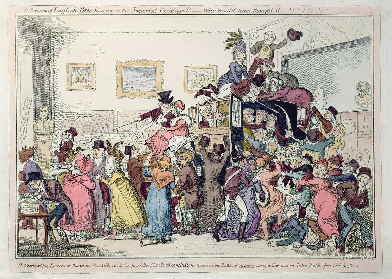 "Egy angol méhraj a császári kocsiban!!! - Ki gondolta volna?" vagy "Jelenet a londoni múzeumban, Piccadilly", 19. század. alkotó: George Cruikshank