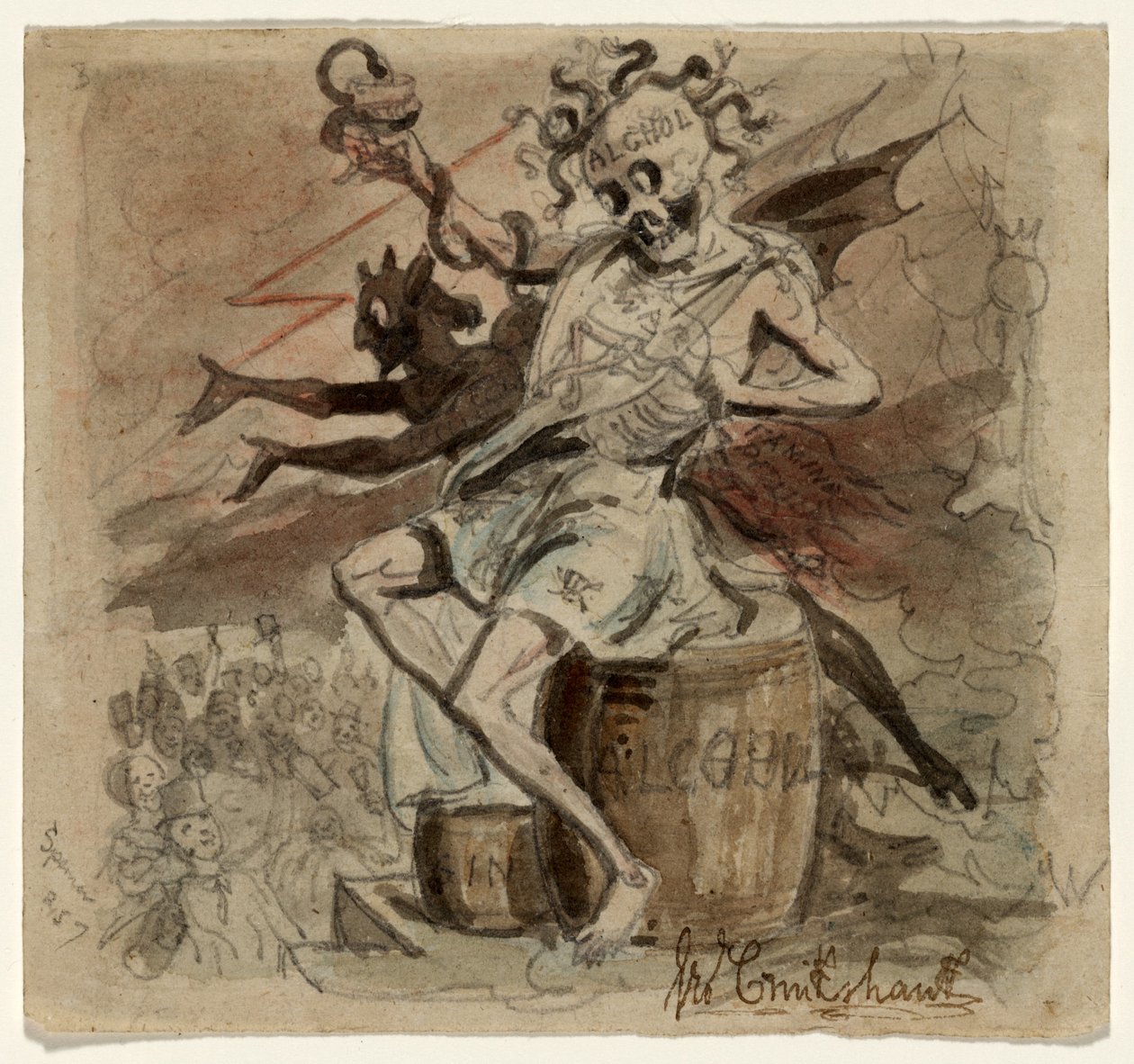 Alkohol, halál és az ördög, 1830 (wc papíron) alkotó: George Cruikshank