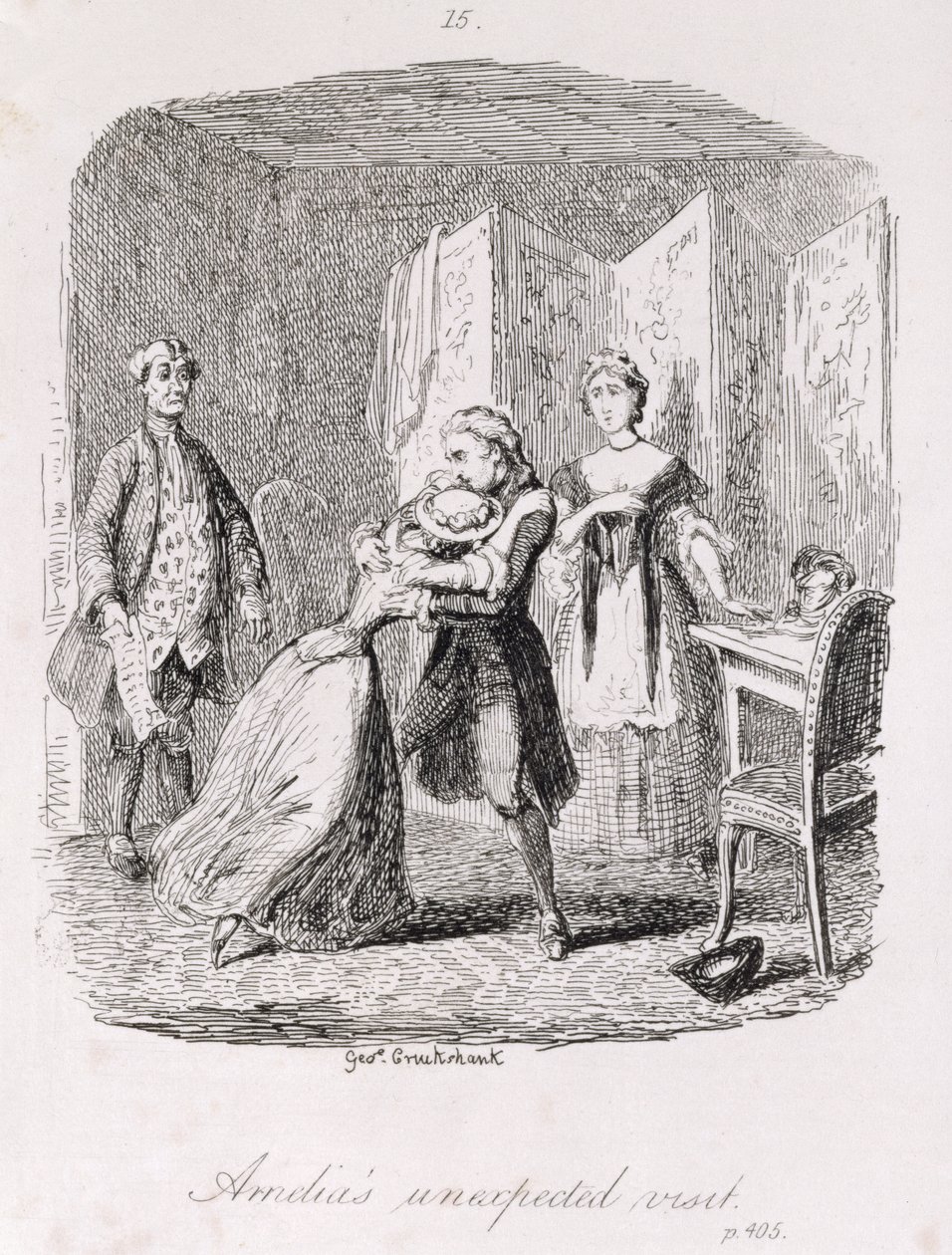 Amelia váratlan látogatása, az "Amelia"-ból, a művész metszete, illusztráció a "The Works of Henry Fielding"-ből, kiadó: Henry G. Bohn, 1853. alkotó: George Cruikshank