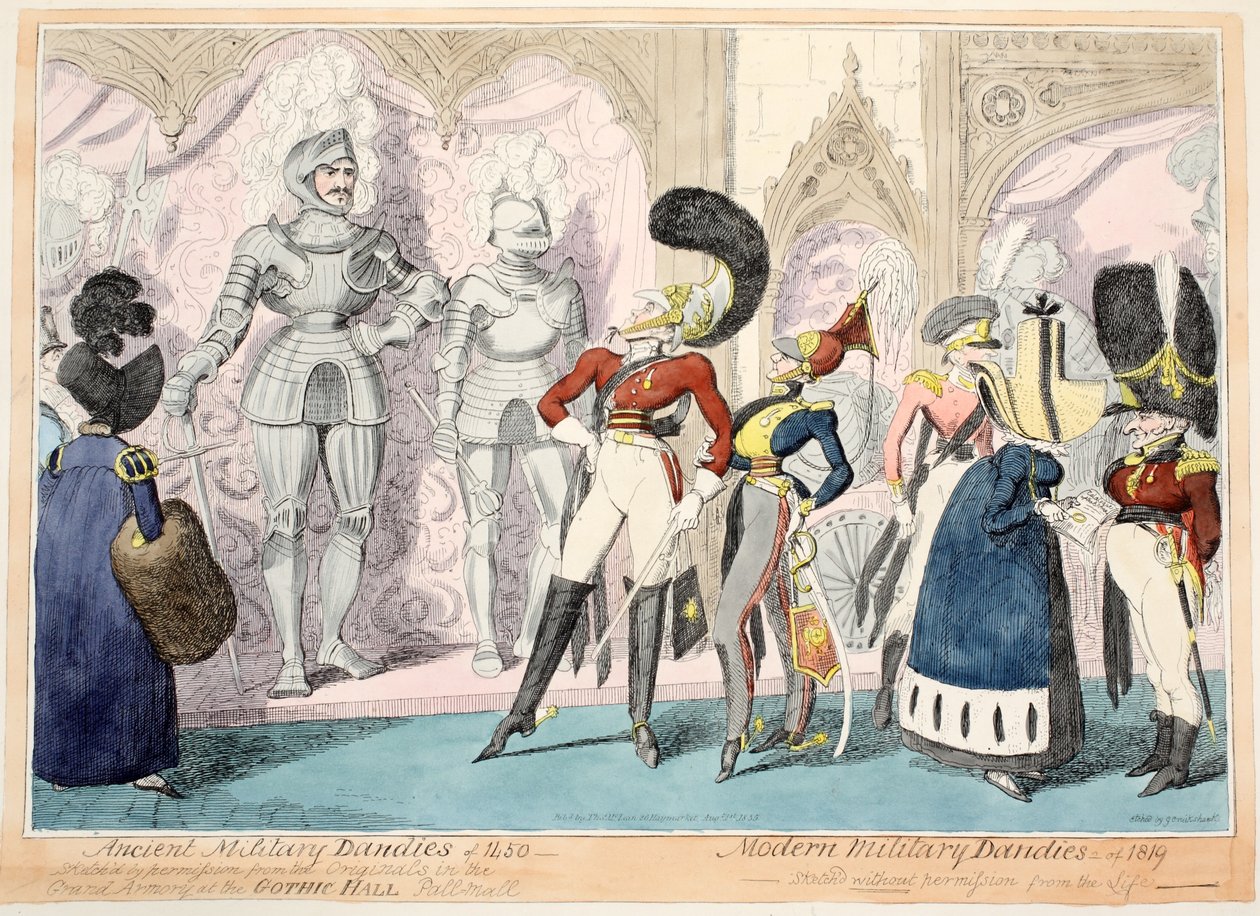 Ancient Military Dandies 1450-ből, Modern Military Dandies 1819-ből, 1835-ből (kézzel színezett metszet) alkotó: George Cruikshank
