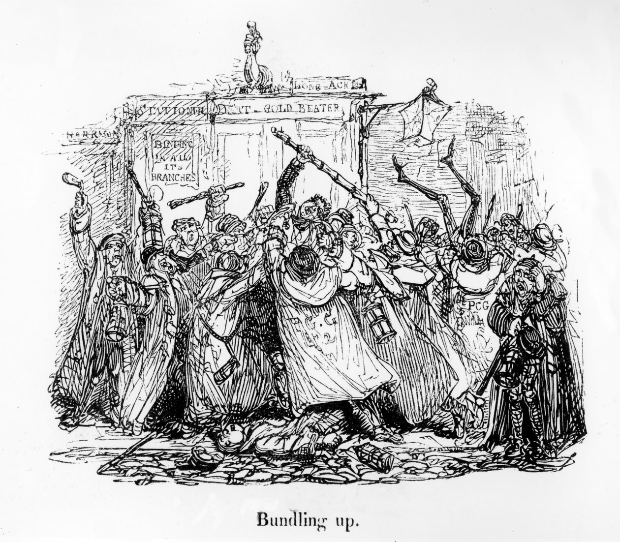 Összeállítás, illusztráció a „Mornings at Bow Street: Válogatás a leghumorosabb és legszórakoztatóbb riportokból, amelyek megjelentek a „Morning Herald”-ban, John Wight, 1838 alkotó: George Cruikshank