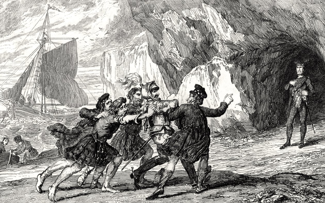 Dalgetty kapitány Ardenvohrban, illusztrációja Sir Walter Scott (1771-1832) "A Montrose legendája" című művéből, 1843-ban megjelent alkotó: George Cruikshank
