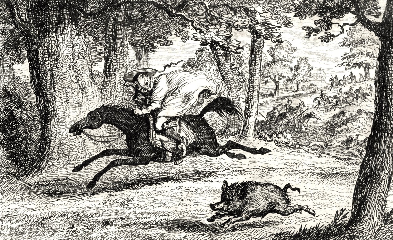 John of Belue bíboros egy vaddisznót üldöz, illusztráció Sir Walter Scott (1771-1832) 1845-ben megjelent "Quentin Durward" című művéből. alkotó: George Cruikshank