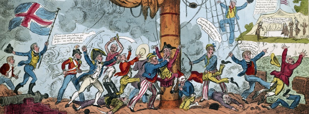 Egy brit beszállópartit ábrázoló rajzfilm, 1813 alkotó: George Cruikshank