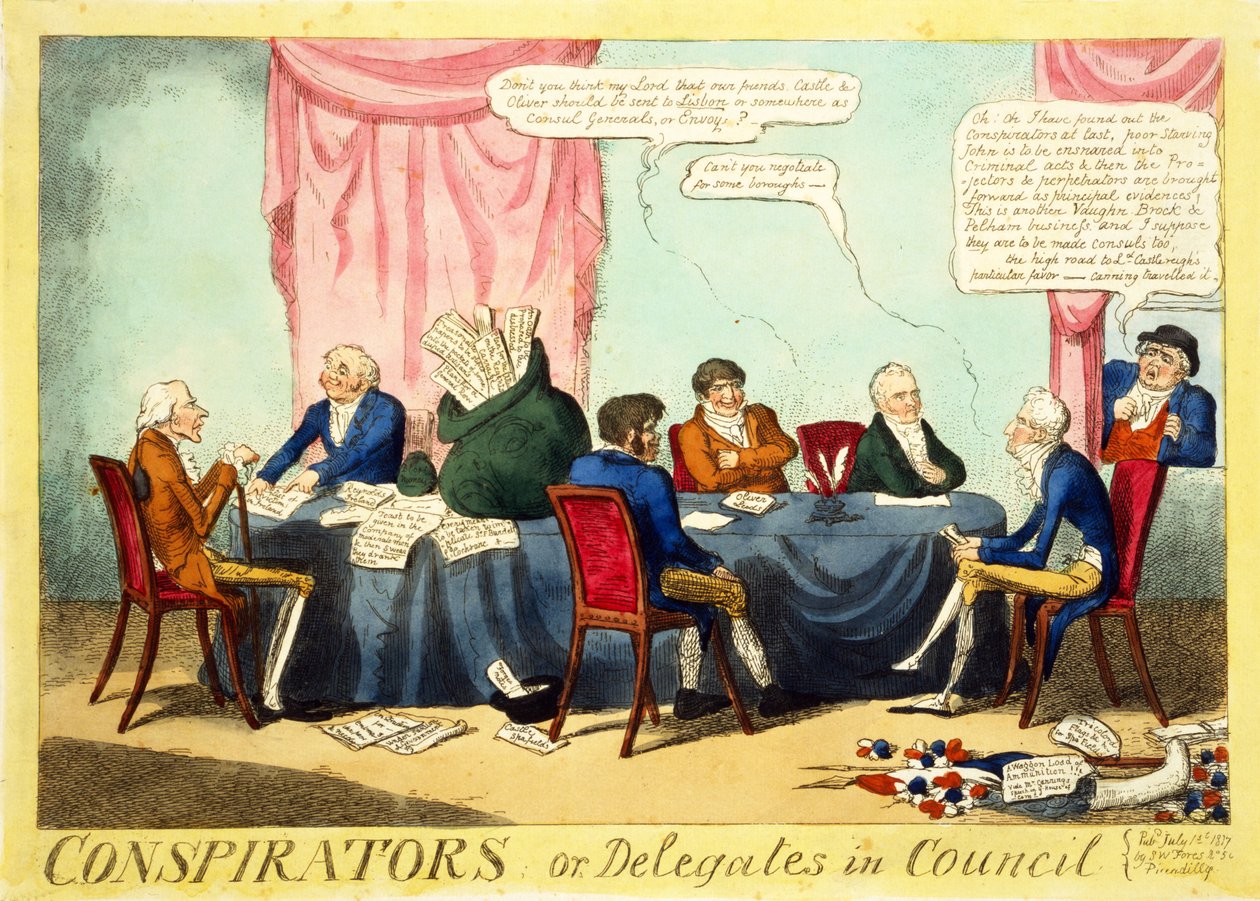 Összeesküvők vagy küldöttek a Tanácsban, 1817 (kézzel színezett metszet) alkotó: George Cruikshank
