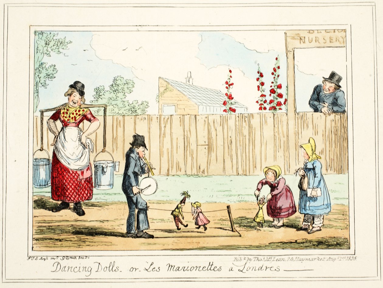 Táncoló babák vagy "Les Marionettes a Londres", 1835 (kézzel színezett metszet) alkotó: George Cruikshank